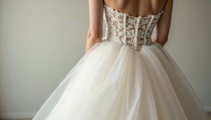 Back view of an elegant lace corset wedding dress with tulle skirt