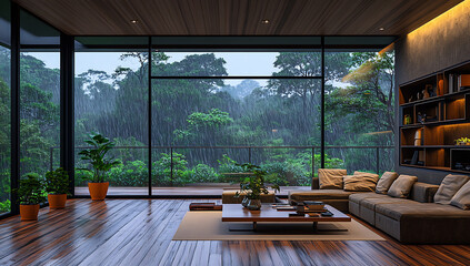 Fototapeta premium Luxurious living room with floor-to-ceiling windows overlooking a rain-soaked forest blending indoor comfort with natural scenery.