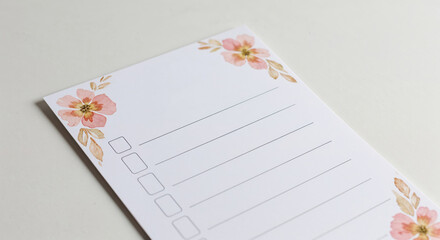 Wedding checklist with floral design, soft pastel colors, organized wedding planning with copy space