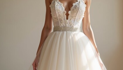 Close-up of an elegant lace and tulle wedding dress in soft sunlight