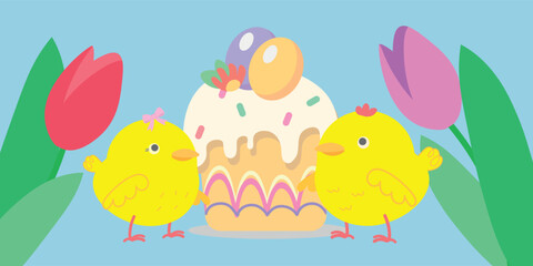 Easter chicks, Happy Easter, Easter egg, spring holiday graphic illustration, cute decor, graphic design greeting card, flyer, spring flowers