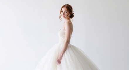 Elegant bride in a tulle princess wedding dress with delicate lace details against white background