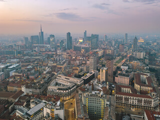Twilight aerial drone view of Milan’s Porta Nuova and Porta Garibaldi