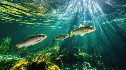 Fototapeta premium Freshwater ecosystems, showcasing rivers, lakes, and ponds, focusing on the wildlife and water quality that sustain ecosystems vital to human and animal life.