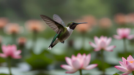 Focus on a hummingbird flying in a blurry lotus pond.
