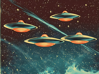Fototapeta premium Retro space alien flying saucers zooming through outer space 1960s campy fun color tv show kids cartoon storybook vintage illustration style