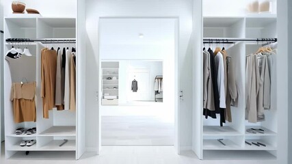 Spacious modern wardrobe with stylish clothing for men and women. concept of organization, fashion, minimalist design
