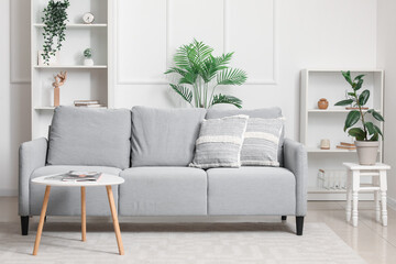 Interior of light living room with sofa, table and shelf units