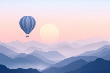 Fototapeta premium Hot air balloon sunrise mountain landscape travel poster