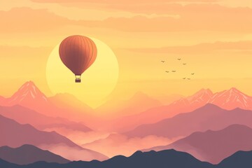 Fototapeta premium Hot air balloon sunset mountain landscape travel poster