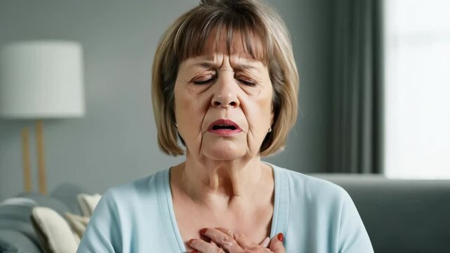 Senior woman clutching chest experiencing pain or discomfort at home, feeling stress, anxiety, negative emotions. health issues, heart problems, medical emergency, emotional distress, panic attack