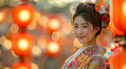 Naklejka premium Smiling Asian Woman In Traditional Kimono During Festival