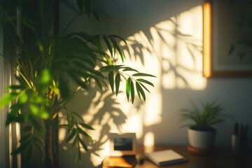 Obraz premium A serene home office setup with an array of indoor plants providing natural light filtering.