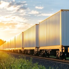 Obraz premium A long train hauling containers is traveling toward the sunset