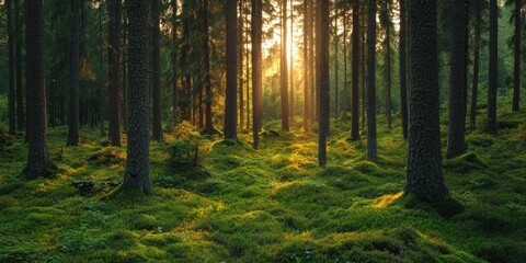 Fototapeta premium A serene forest scene at sunset with dappled light filtering through the canopy.