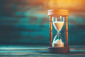 Hourglass on wood, time passing, teal background, concept image