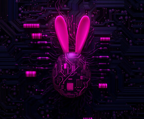 Futuristic Easter with cyber bunny and electronic elements. High-tech Easter egg with circuit board design 