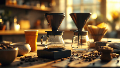 Coffee brewing equipment and supplies sit on a wooden table surface