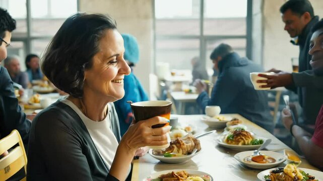 Smiling homeless woman enjoying warm meal and hot drink in community shelter. Concept of social support, kindness, homelessness assistance, positive human connection, charity work, humanitarian aid