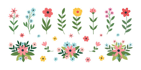 A collection of flowers and floral elements on a transparent background. Perfect for weddings, invitations, and greeting cards. Elegant vector designs for floral posters and decorative compositions.