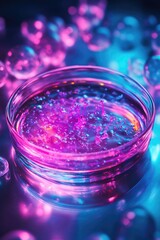 A close-up image of bioluminescent bacteria in a petri dish. The colorful glowing particles indicate the presence of certain bacterial strains known for their ability to produce light.