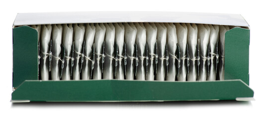 Pack of tea bags on white background isolation