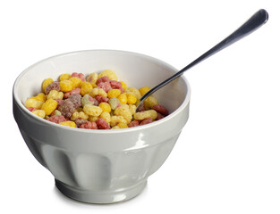 A colorful breakfast cereal in white bowl with spoon on white background isolation