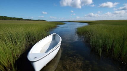 Obraz premium Tranquil white boat on a tranquil waterway amidst tall grass