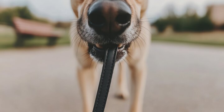 Labrador retrieving leash in park close-up