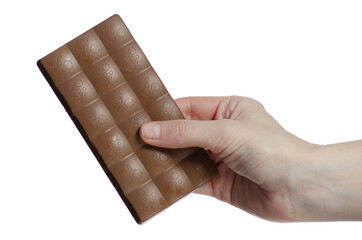 Hand holding milk chocolate bar on white background isolation