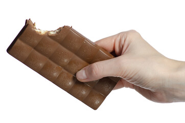 Hand holding milk chocolate bar on white background isolation