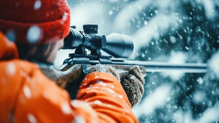 Hunter aims rifle, snowy woods, winter hunting