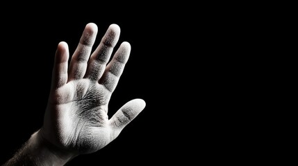 Close-up of caucasian male hand raised against dark background