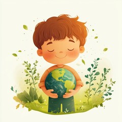Little child holding planet earth. Earth day theme.
