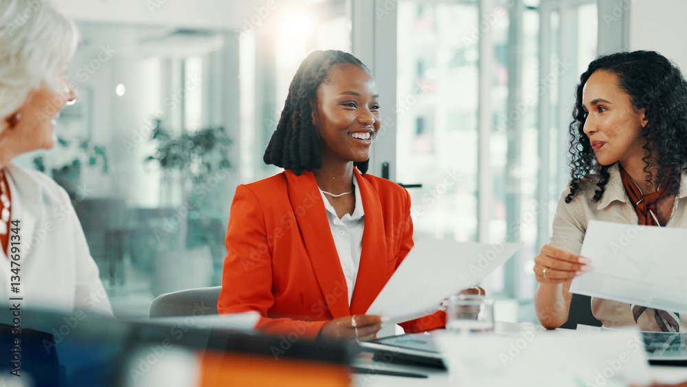 Poster documents, meeting and smile with business women in boardroom of office for planning or strategy. co
