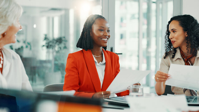 Documents, meeting and smile with business women in boardroom of office for planning or strategy. Collaboration, discussion and proposal with happy employee team in workplace for feedback or review