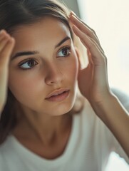 Naklejka premium A young woman has hands on her forehead and is looking forward, which can be a sign of contemplation or concern.
