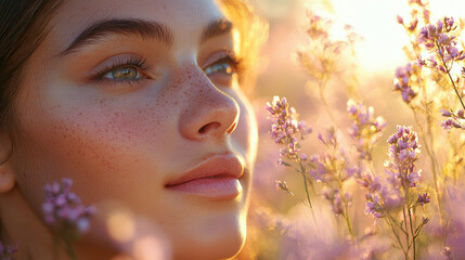 Fototapeta premium Ethereal portrait of a young woman surrounded by pastel flowers during golden hour with soft lighting