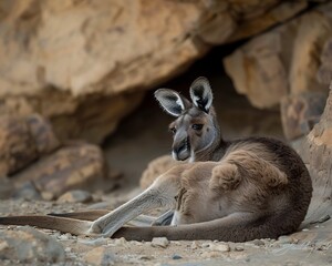 Fototapeta premium Western Grey Kangaroo resting peacefully shade of massive sandstone rock formation tail curled around body warm earthy hue of rock create harmonious color palette perfectly complementing kangaroo fur