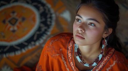 A portrait of a beautiful young woman in indigenous clothing, looking contemplative with her hand on her chin.