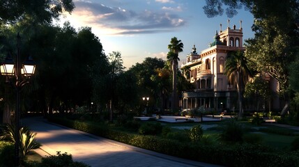 Obraz premium Serene Sunset at the Grand Mansion Estate