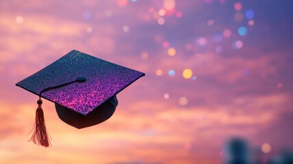 Graduation cap soaring against a vibrant sunset sky