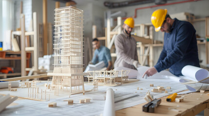 Architecture Design Team Working On Wooden Building Model