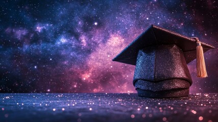 Naklejka premium Glittering Graduation Cap Against A Cosmic Nebula Background