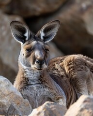 Fototapeta premium Western Grey Kangaroo resting shade of rocky outcrop fur illuminated warm afternoon sun Fine detail captured close up wildlife portrait shallow depth of field f28 dreamy background blur enhancing