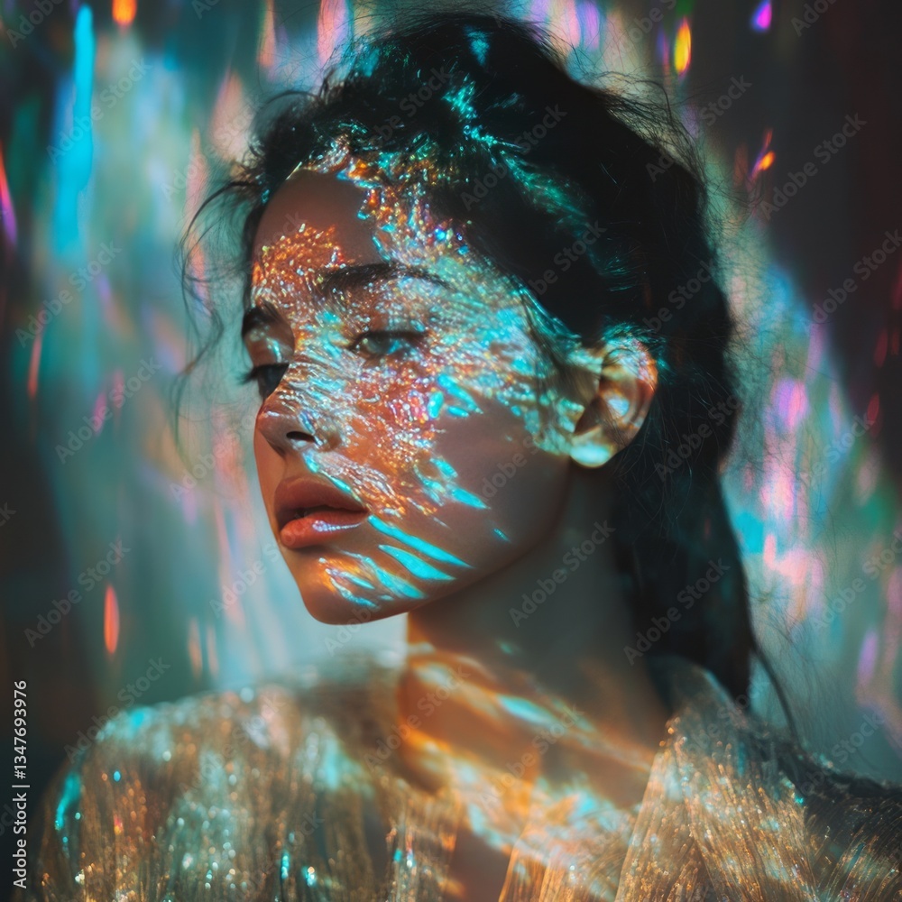 Poster exploration of light and color in an abstract model portrait with vivid reflections and patterns