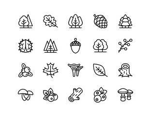 Forest Vector Icon Set | Adjustable Line Weight | Tree, Leaf, Acorn, Pinecone, Mushroom, Berry, Branch, Oak, Nature, Woodland, Timber, Stump, Ecology Icons