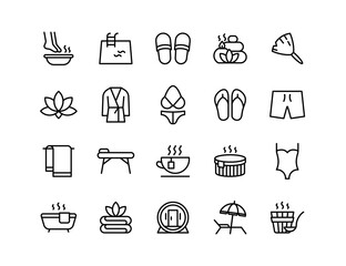 Spa Vector Icon Set | Adjustable Line Weight | Wellness, sauna, massage, hot tub, aromatherapy, steam, towel, robe, relaxation, flip flops, beauty, zen, bath, swim