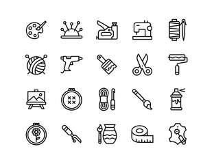Crafts Vector Icon Set | Paint palette, yarn, sewing machine, glue gun, scissors, thread, embroidery, brush, canvas, pottery, tape, roller, handmade, needle