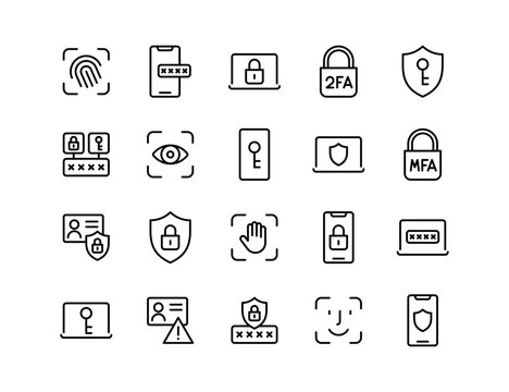 Passwords Vector Icon Set | Adjustable Line Weight | Fingerprint, passcode, lock, two factor, face ID, mobile login, eye scan, security, authentication, shield, access